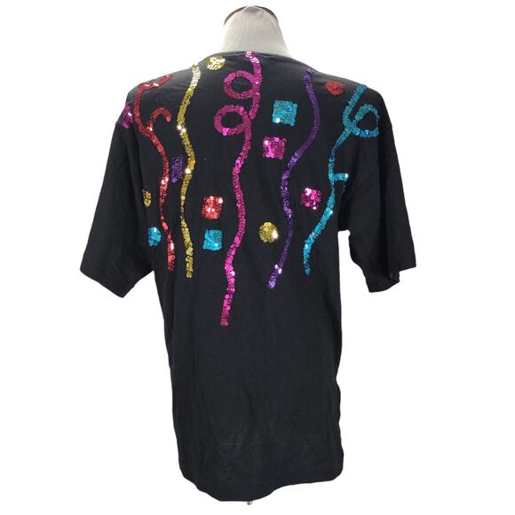 Vtg 80s Carducci Rainbow Sequin Top Size M Black Statement Shoulder Pads Disco - Picture 4 of 10